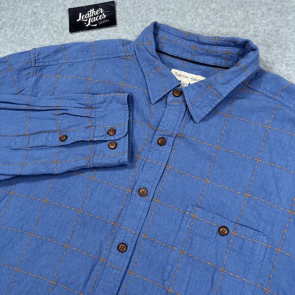 Territory Ahead Shirt Mens XXLT Button Up Blue Plaid Long Sleeve Linen Blend - Picture 1 of 9